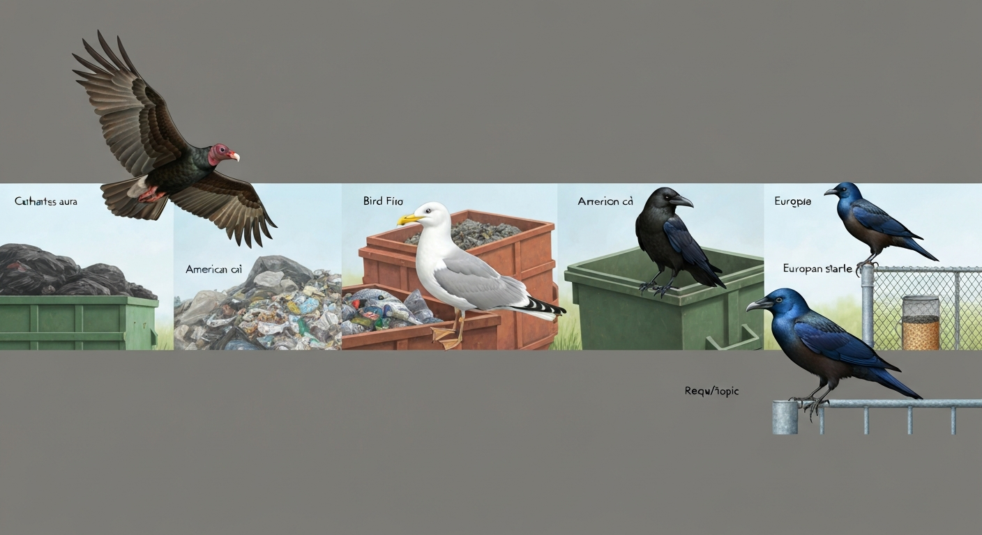 Collage of a turkey vulture, a large gull at a landfill, a crow, a starling, and a grackle labeled as birds to avoid eating