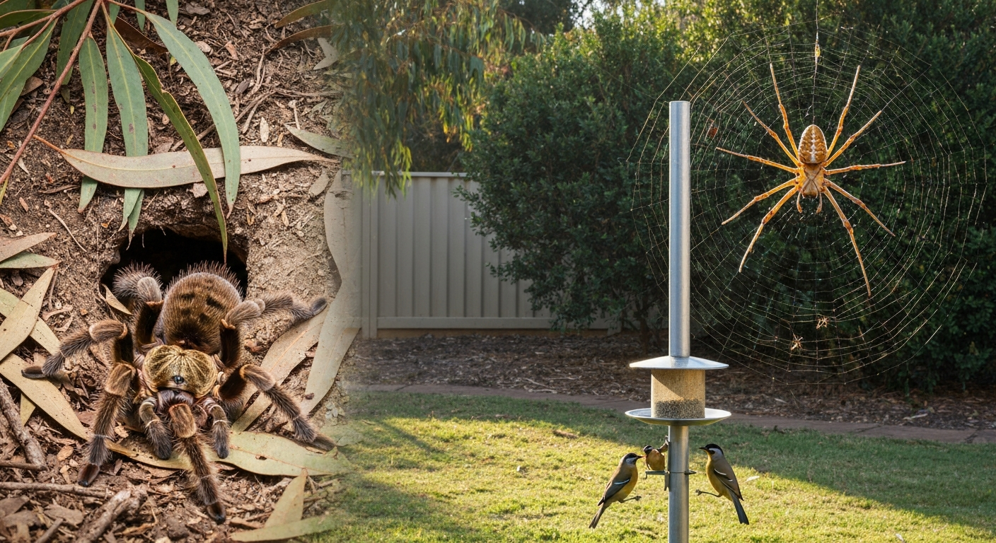Australian backyard with a bird feeder and small birds, a tarantula at a burrow entrance in leaf litter, and a golden orb-weaver in its web among shrubs.