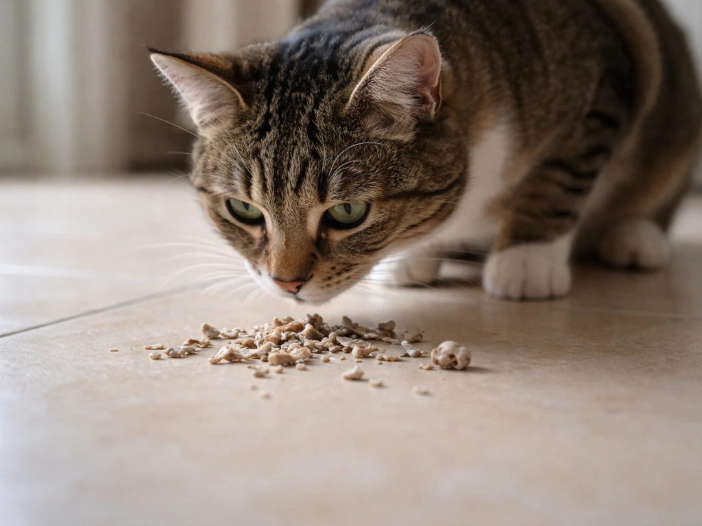 Close-up of a cat’s mouth near small bird-bone fragments on a kitchen floor.