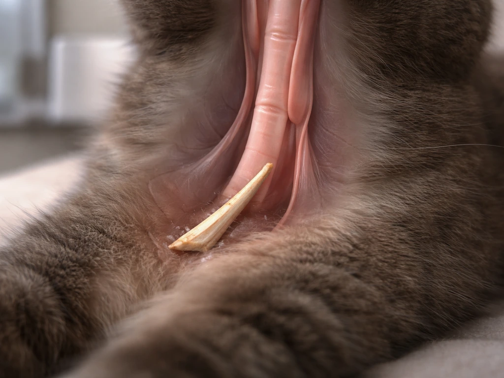 Close-up of a thin bone fragment near a cat’s throat area, with a simple esophagus/airway overlay.
