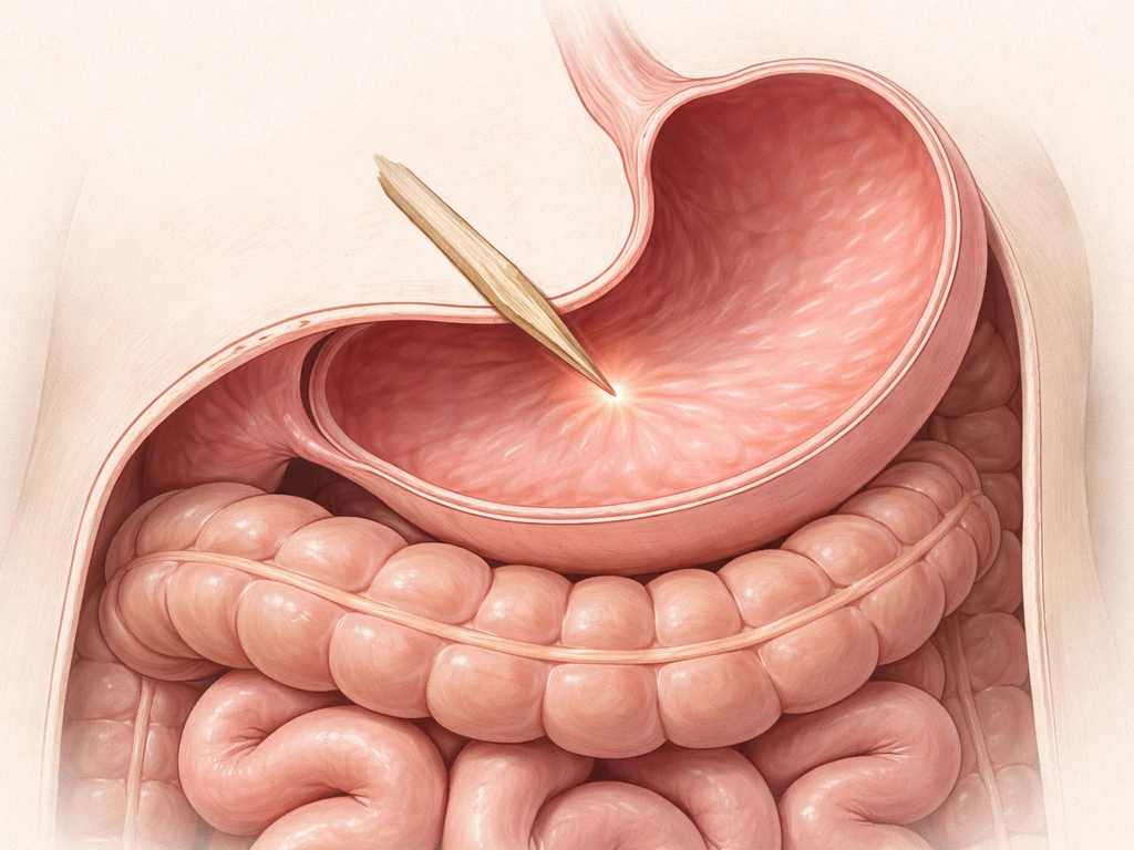 Abdominal cross-section showing a sharp splinter scratching and slightly puncturing the stomach/intestine lining.