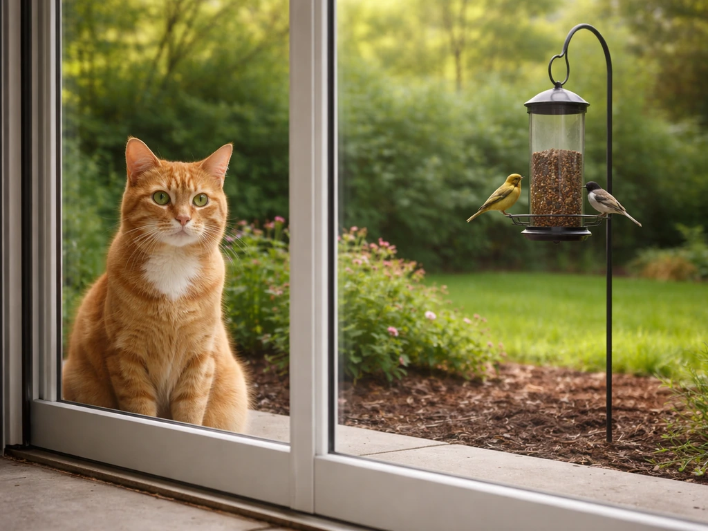 Orange tabby cat safely separated by a clear barrier near a bird feeder in a backyard