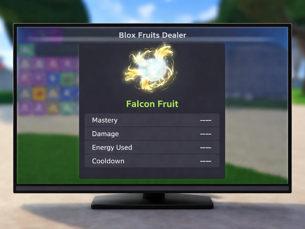Monitor view of a game fruit stats panel showing Falcon Fruit and its stat fields.