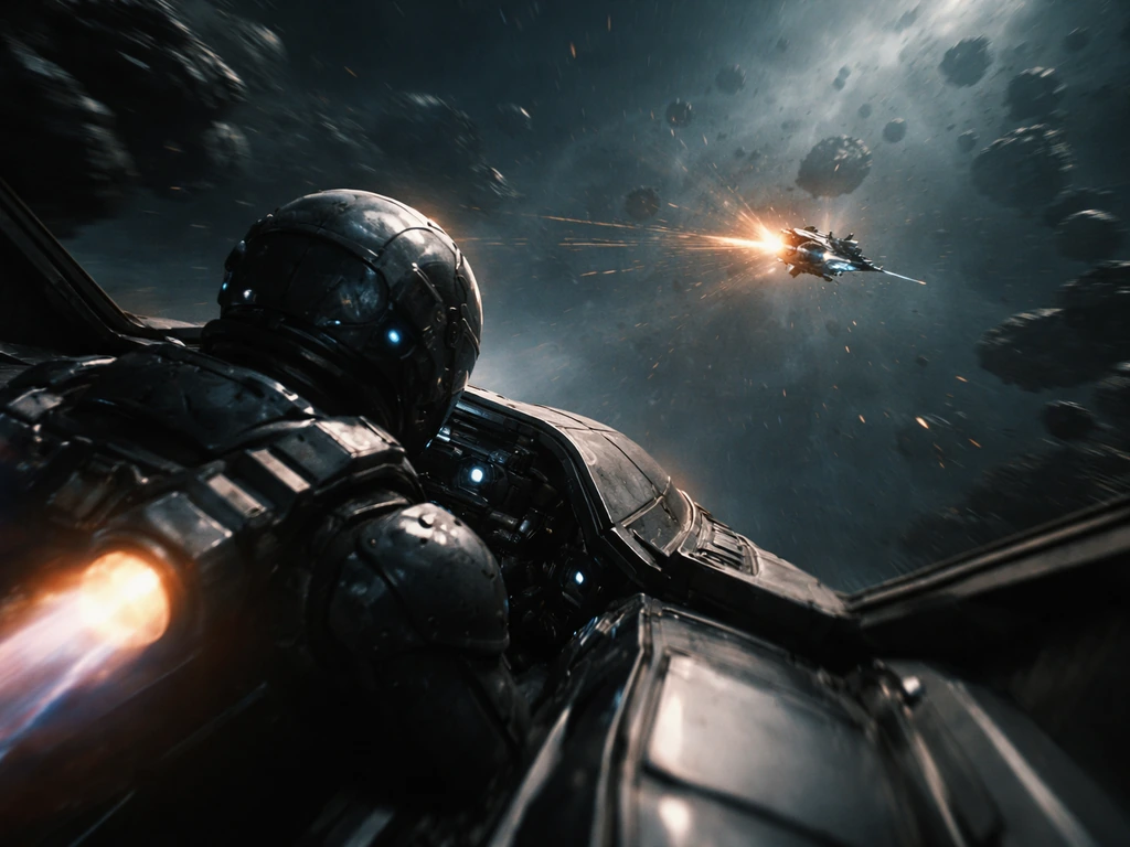 Sci‑fi fighter banks to reposition while attacking a moving target near space hazards.