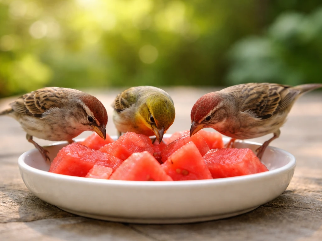 Close-up of backyard birds pecking fresh watermelon from a clean shallow dish in summer light