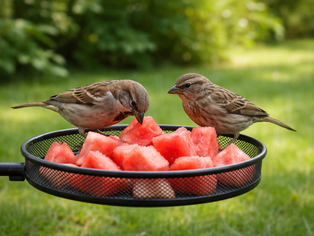Two small wild sparrows pecking watermelon near a backyard feeder on a summer afternoon
