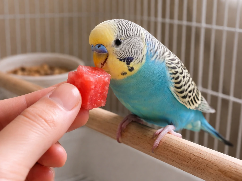 A small pet budgerigar gently pecking a watermelon cube offered beside its food bowl