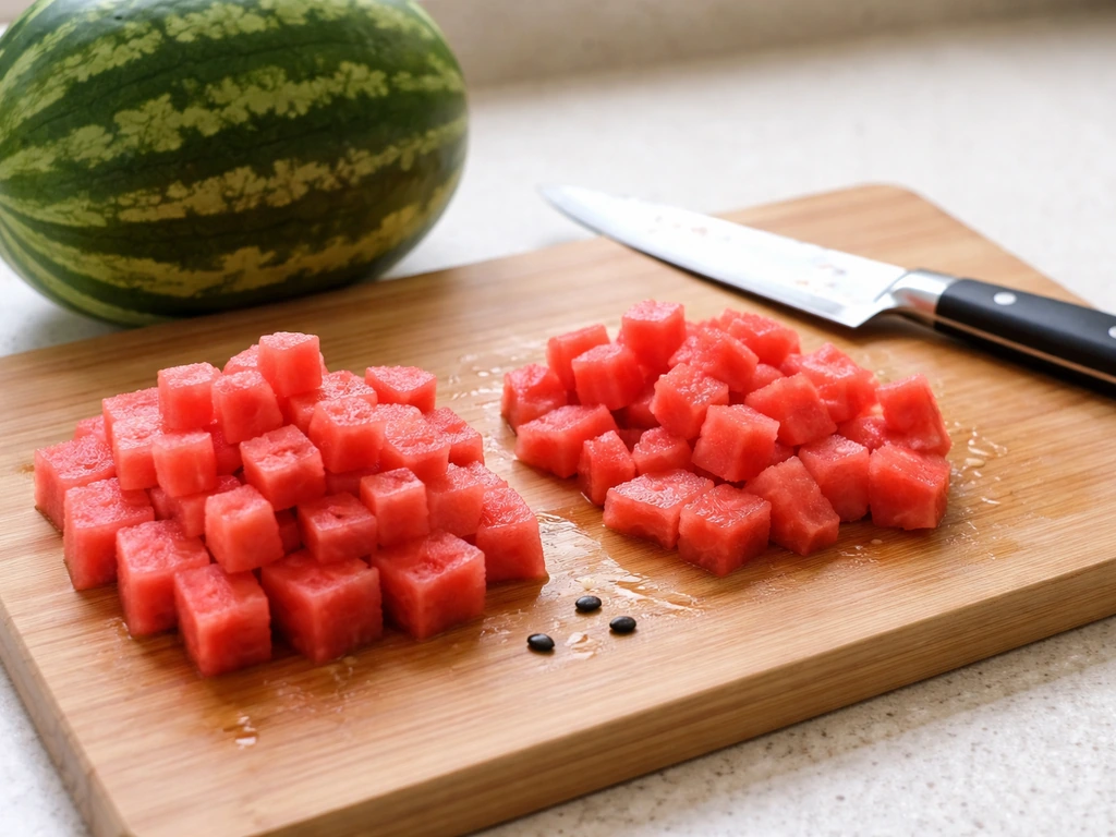 Watermelon on a cutting board with seed-removed cubes and smaller bite-size pieces for birds