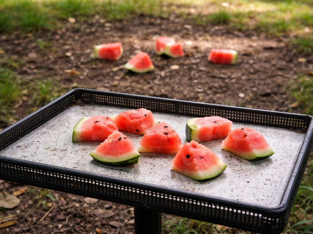 Watermelon on a clean wipeable tray versus watermelon on the ground in a simple outdoor yard.