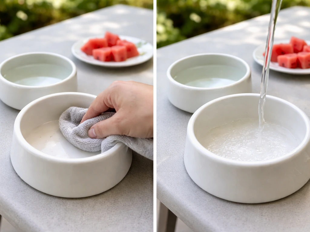 Close-up of a cleaned pet feeder dish being wiped and rinsed after removing watermelon outdoors.