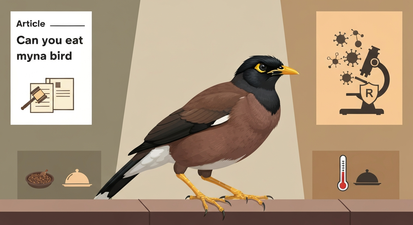Illustrated common myna on an urban fence with icons for legal, health, and cooking considerations.