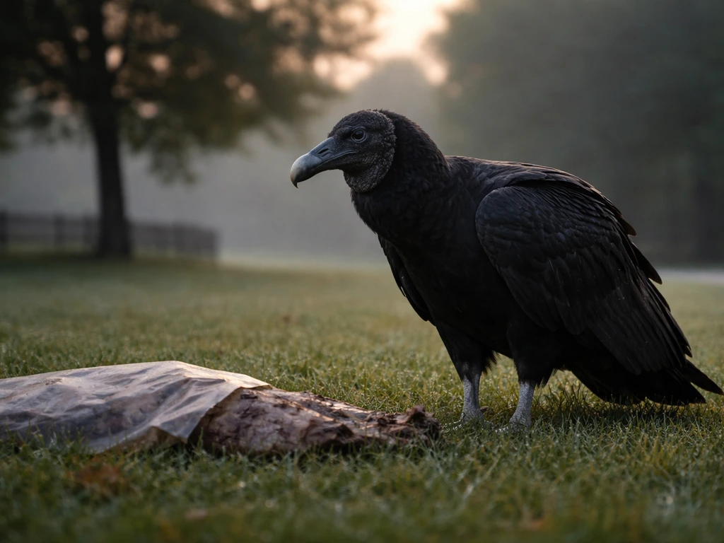 Close-up of a scavenging bird silhouette on a suburban lawn near a partially covered carcass