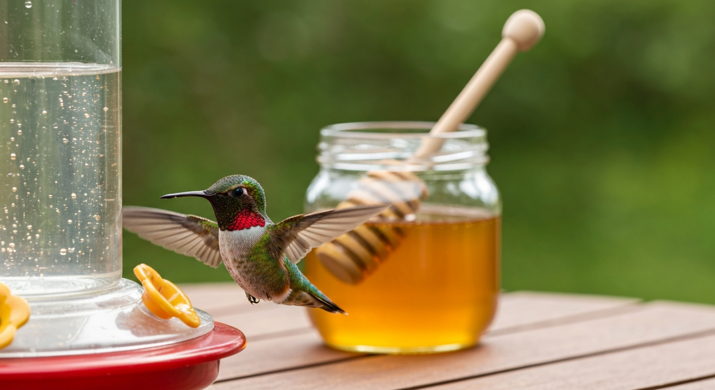 Ruby-throated hummingbird hovering at a sugar-water feeder with a jar of honey blurred in the background, illustrating the contrast between nectar and honey.