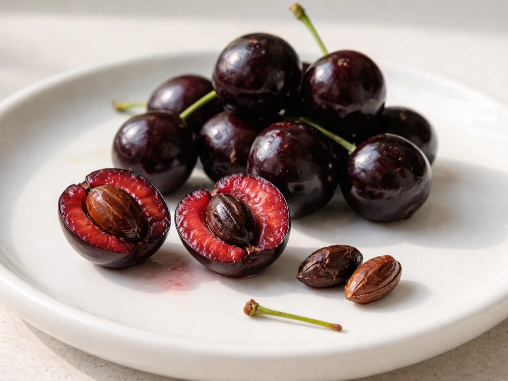 Ripe bird cherry fruit with flesh separated from the dark pit on a clean plate, showing only outer edible part.