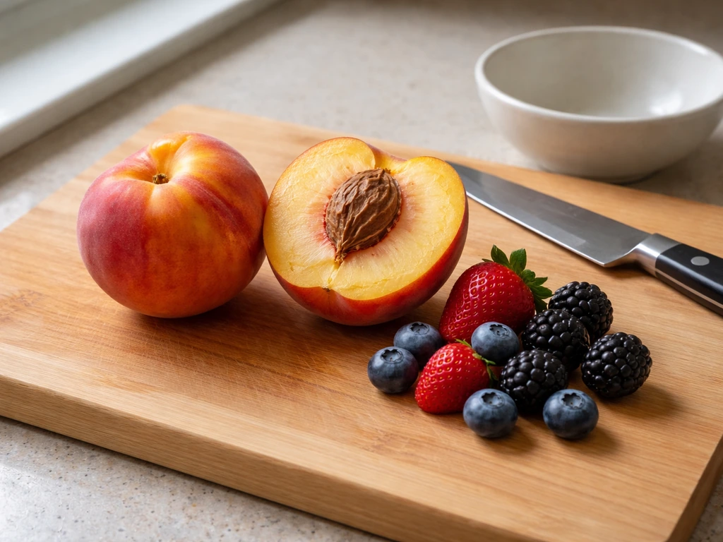 Ripe fruit on a wooden board with a peach cut to show the pit stays intact and uncracked.