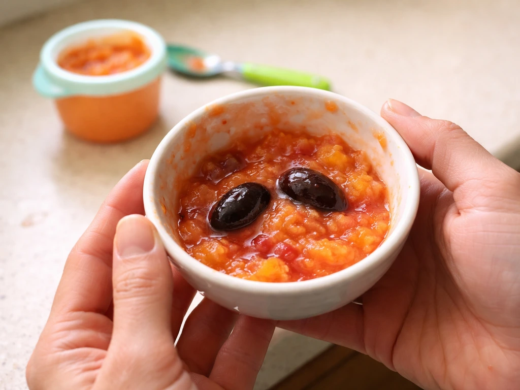 Close-up of adult hands with crushed fruit and hidden pits on a kitchen counter, suggesting a child’s sample.