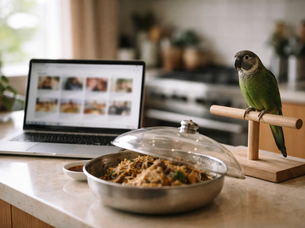 Anonymous creator setup with a small parrot near a kitchen counter, suggesting mukbang content without harm.