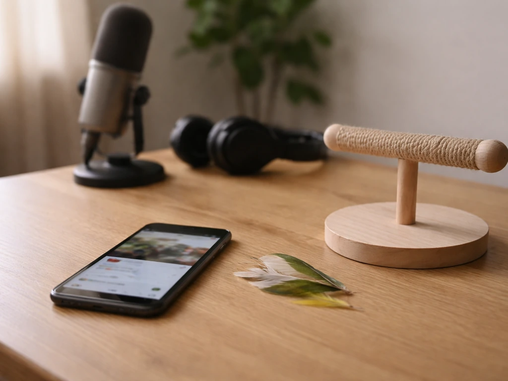 A minimal media-studio desk scene with a small bird perch beside a phone, symbolizing a mukbang rumor’s origin