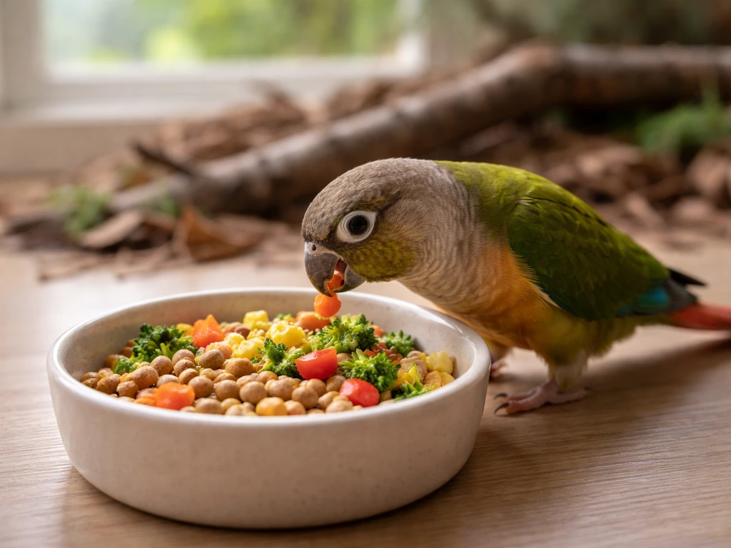 Parrot eating bird-safe food from a bowl in soft natural light, with a subtle background hint of predation context.