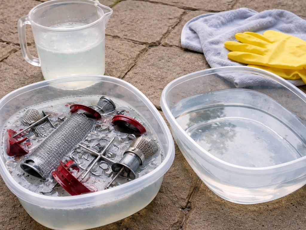 Bird feeder parts soaking and rinsing in bleach-water solution, with a simple container setup