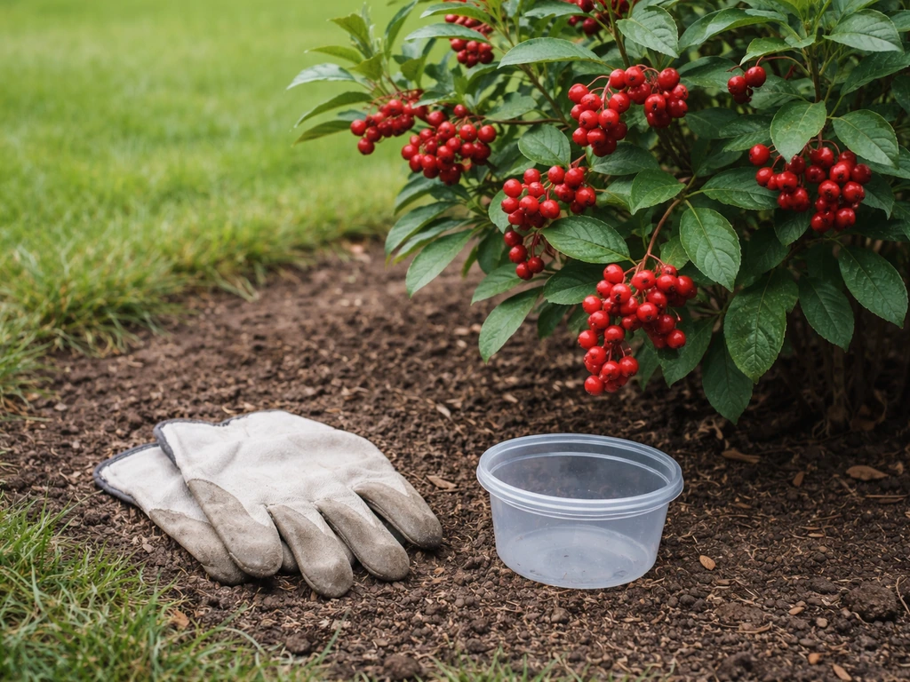 Close-up of a backyard bird-berry shrub with gloves nearby for safe handling.