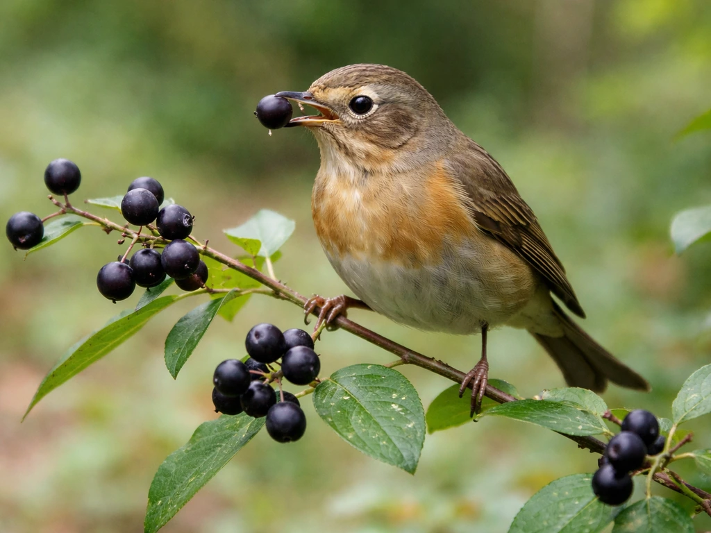 A small bird perched on a berry shrub eating a dark berry, with other berries nearby.