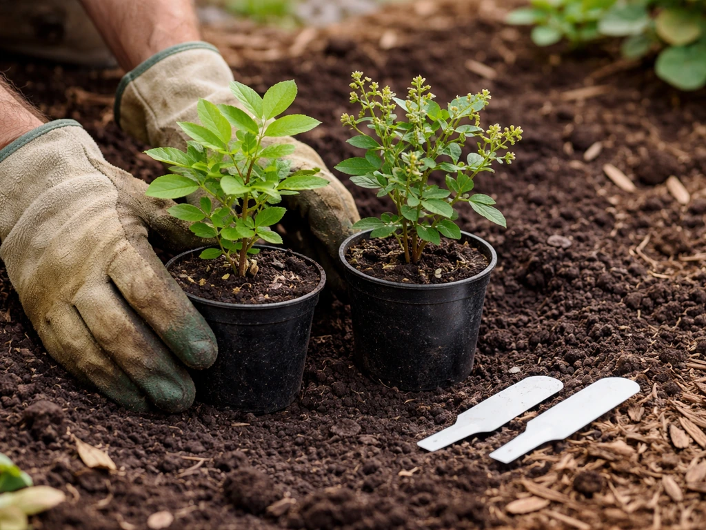 Close-up of berry shrubs and small nursery tags on soil before planting.