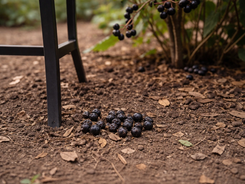 Fallen berries on garden soil under a bird feeder, emphasizing regular cleanup to reduce exposure.