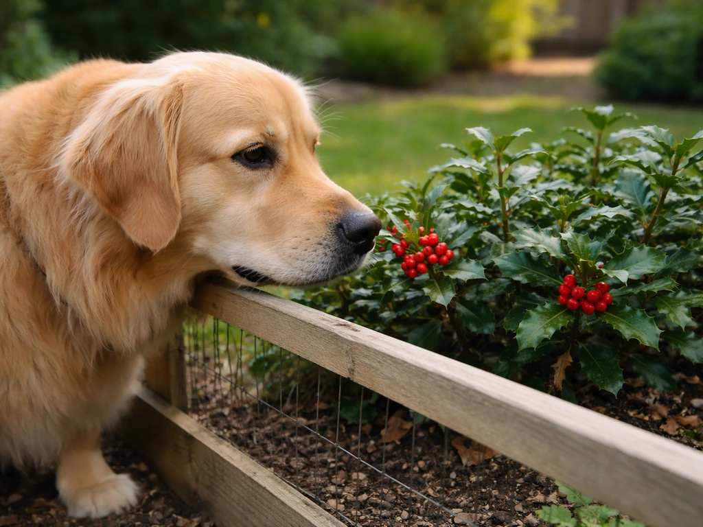 Golden retriever sniffing holly berries near low yard plants behind a simple barrier.