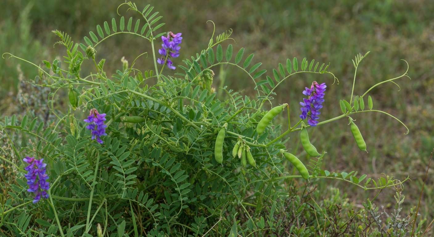 Bird vetch (Vicia cracca) plant in a meadow with pinnate leaves, tendrils, and drooping purple-blue racemes of pea-like flowers.