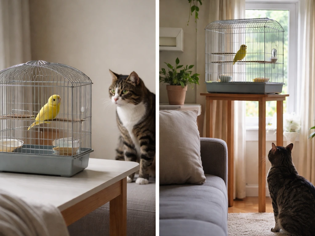 A cat and a pet bird are shown separately in safe scenes to illustrate what “eating” could mean.