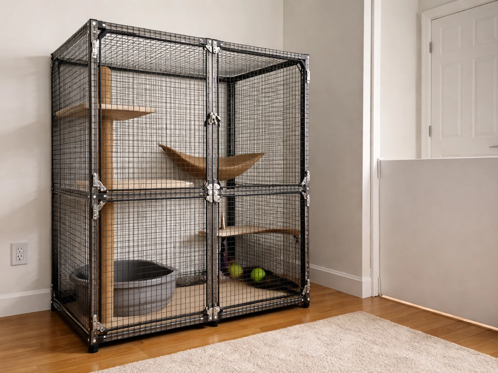 Cat-proof metal enclosure with secured latch and a blocked, closed doorway in a tidy room