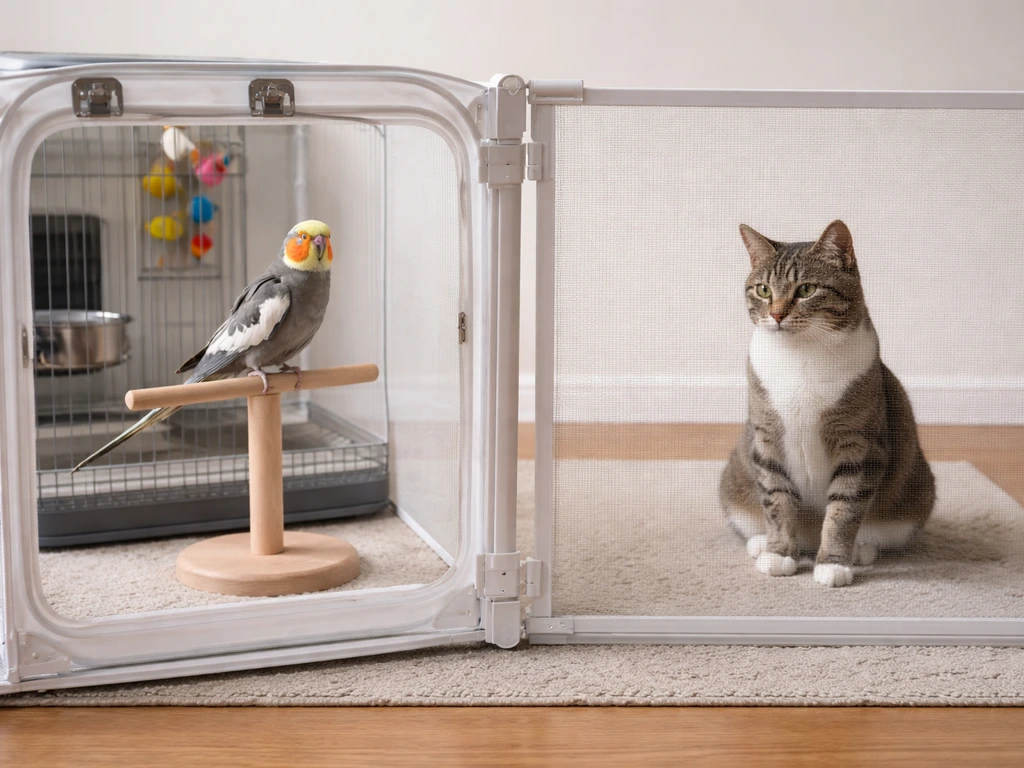 A cat and a small bird separated by a clear barrier during supervised interaction in a bright room.