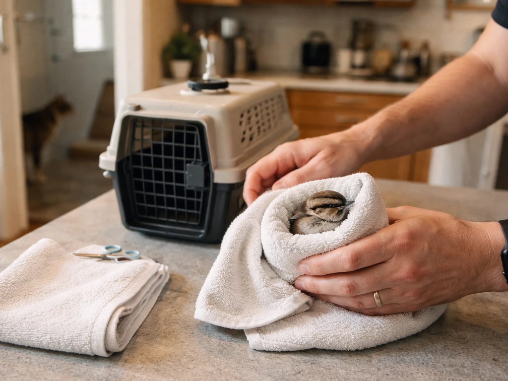 Hands securing a small bird in a towel while a cat is kept away near a carrier for vet transport.