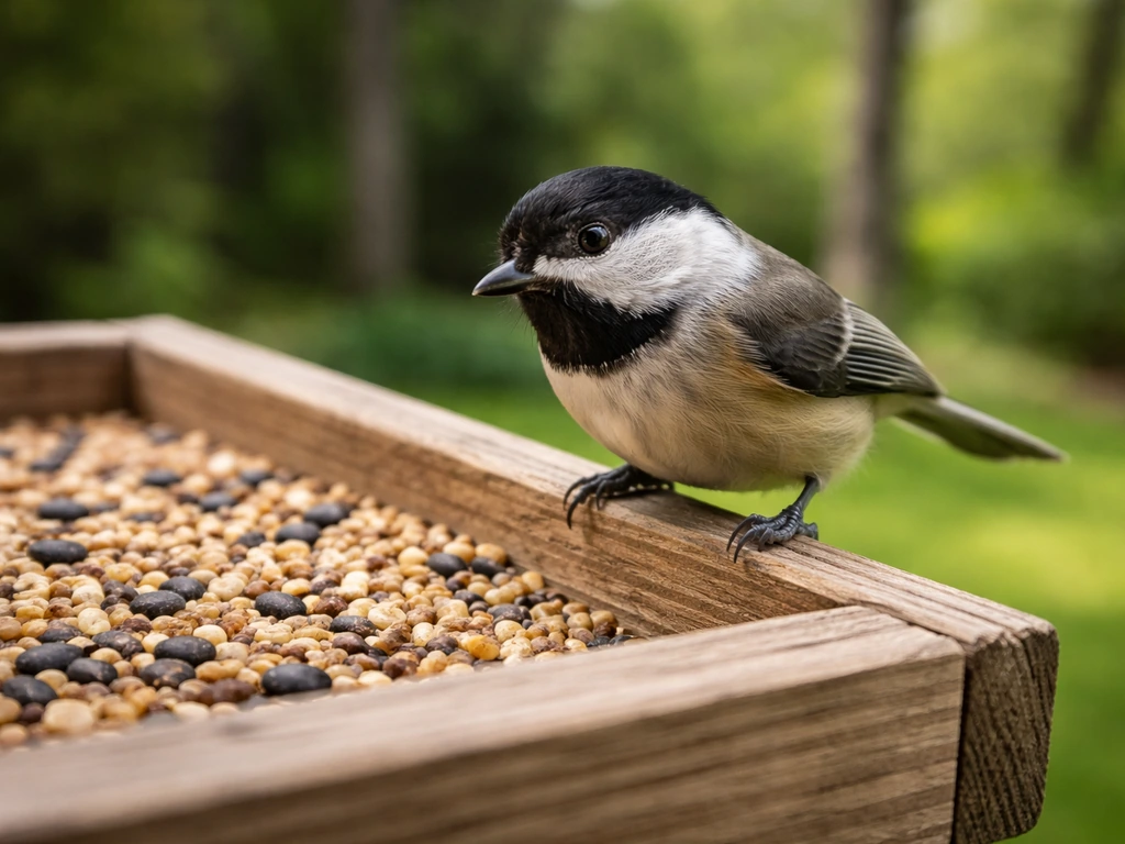 Small wild songbird perched at a backyard feeder with a close, vigilant look in natural light