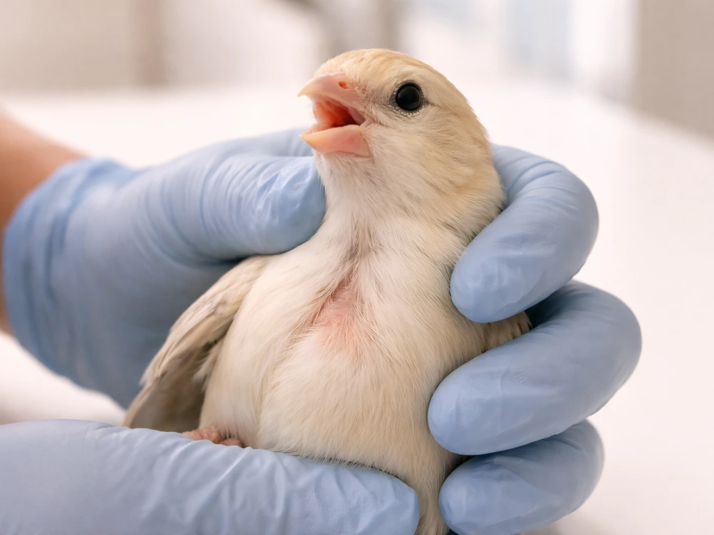 Minimal photo-style close-up showing a bird-feeding setup and the concept of blockage at throat and crop area.