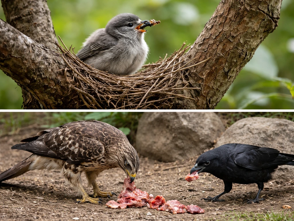 Collage of young backyard birds and raptors/corvids feeding near natural perches