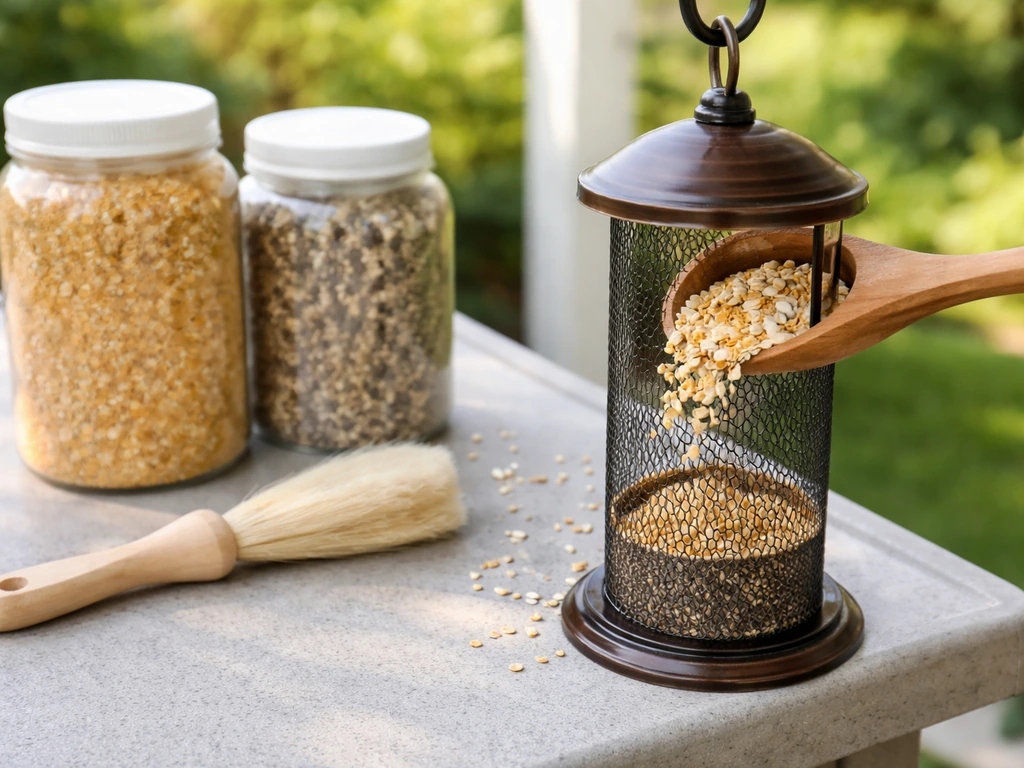 Fresh dry bird seed being scooped into a clean feeder with containers and a cleaning brush nearby.