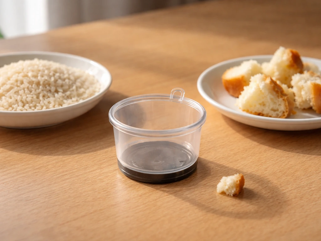 Close-up of uncooked rice and a slice of bread beside a small bird feeder, showing choking-risk contrast.