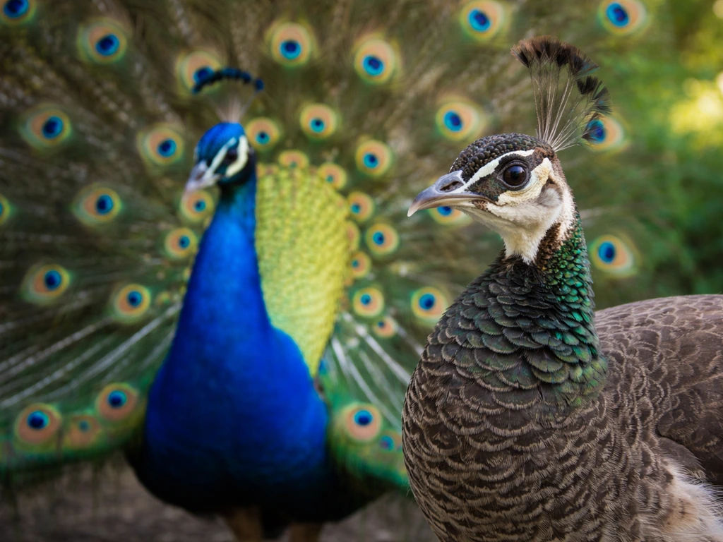Close-up of a peacock’s iridescent feathers beside a peahen’s brown plumage outdoors.