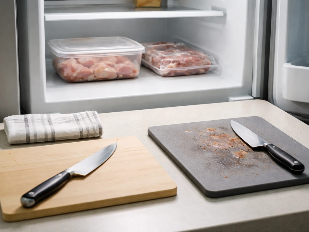 Refrigerator shelf with a sealed container of thawing peafowl beside a clean and dirty prep area