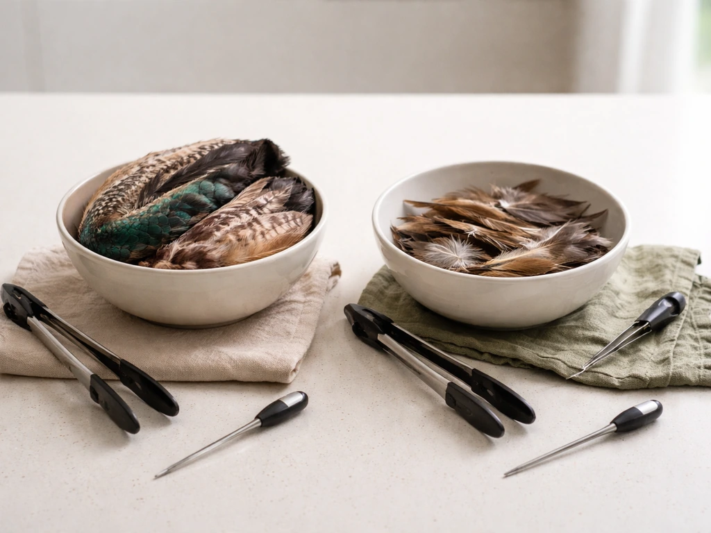 Two bowls with peafowl and generic bird feathers plus kitchen tools on a clean countertop in natural light.