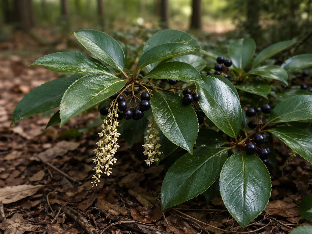 Close-up of wild plant leaves and small berry clusters on forest floor, emphasizing glossy foliage and fruit texture