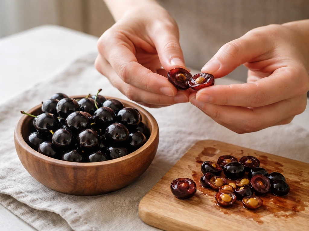 Hands split ripe glossy bird cherry berries, separating outer pulp from the inner pits on a wooden bowl.