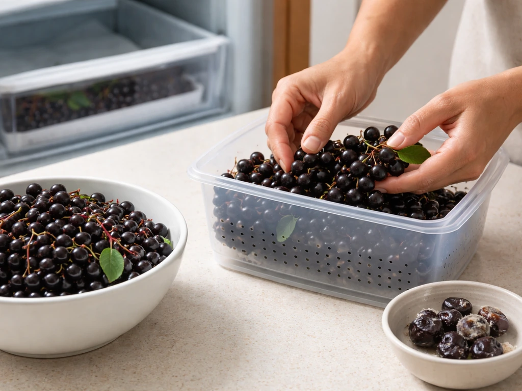 Harvested bird cherry fruit in a vented container beside a refrigerator-ready setup, with one spoiled fruit out of place