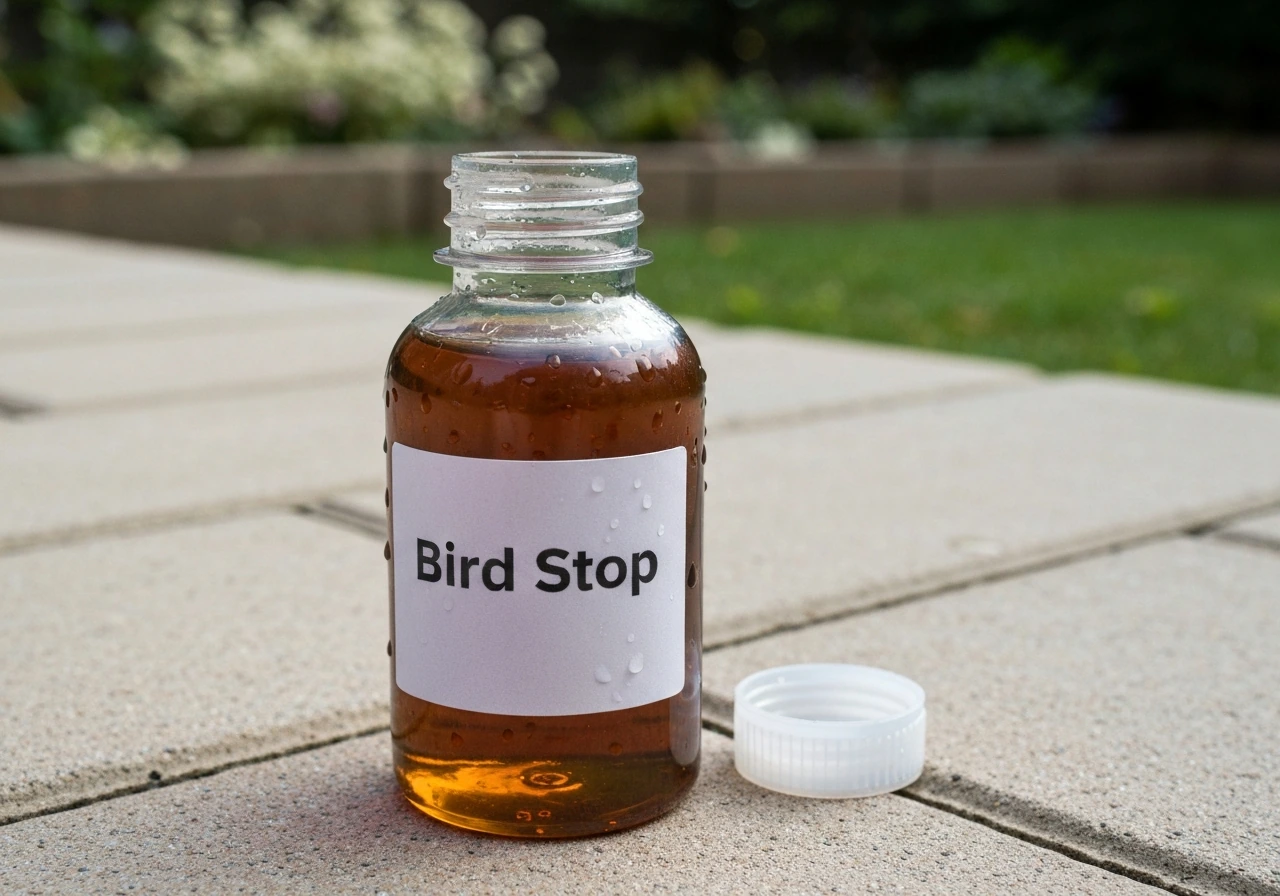 Close-up of a Bird Stop bird repellent bottle on an outdoor patio surface with visible liquid and cap.