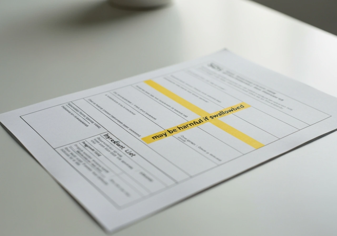Close-up of a minimal SDS-like panel with highlighted ingestion hazard wording, softly blurred background.