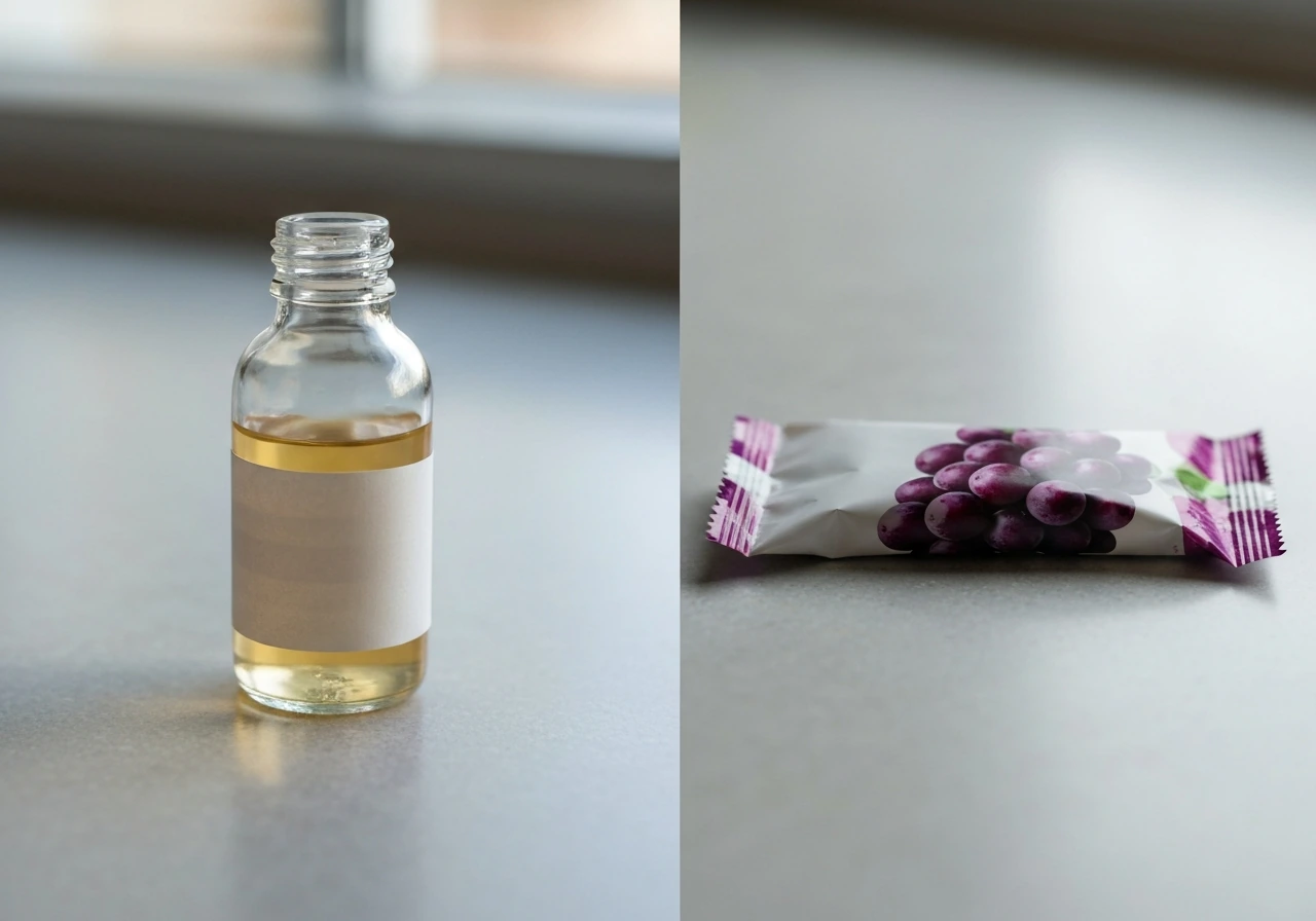 Side-by-side photo: unlabeled methyl anthranilate bottle and a generic grape-flavored packaged food item.