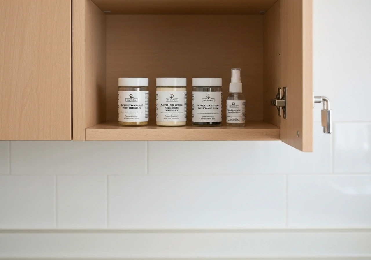 Locked cabinet on a high shelf holding bird deterrent products out of reach of kids and pets.