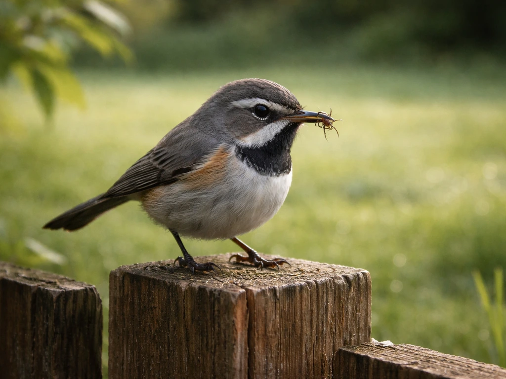 Small bird perched on a fence holding a tiny spider in its beak in a backyard.